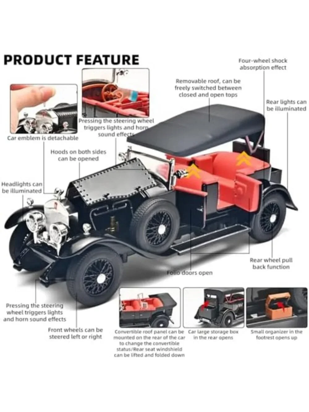 Vintage Diecast Car Model Kits for Adults & Kids, Pull Back Cars with Lights
